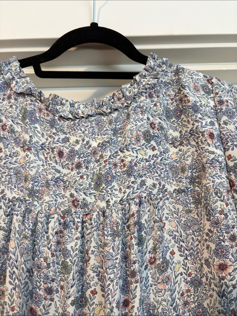 Rose and Olive Blue and Cream Floral Tie-Neck Ruffle Blouse - Picture 7 of 8